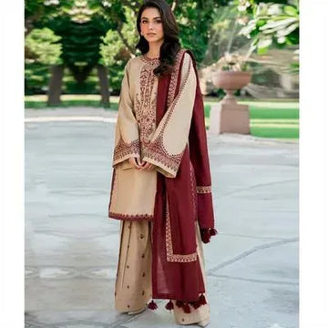 Eid Shaadi Suit Brown Lawn Embroidered 3-Piece Set